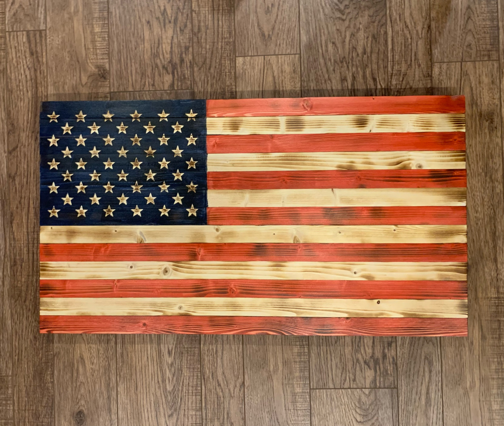 37"x19" Handmade Carved Stars Wooden American Flag Rustic Old Glory